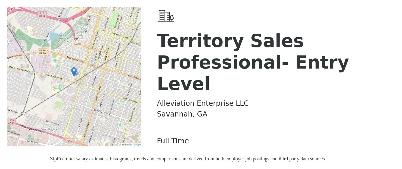 Alleviation Enterprise LLC job posting for a Territory Sales Professional- Entry Level in Savannah, GA with a salary of $49,400 to $72,200 Yearly with a map of Savannah location.