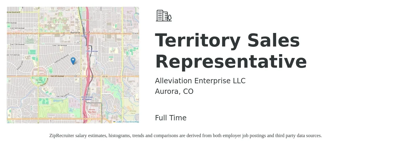 Alleviation Enterprise LLC job posting for a Territory Sales Representative in Aurora, CO with a salary of $50,800 to $84,300 Yearly with a map of Aurora location.