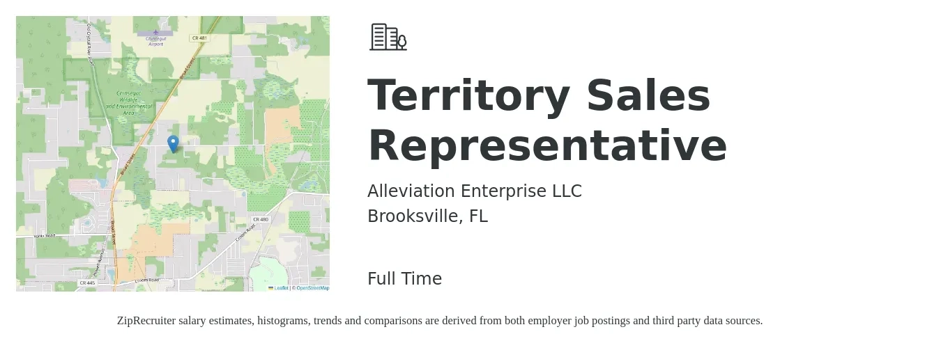 Alleviation Enterprise LLC job posting for a Territory Sales Representative in Brooksville, FL with a salary of $41,000 to $68,100 Yearly with a map of Brooksville location.