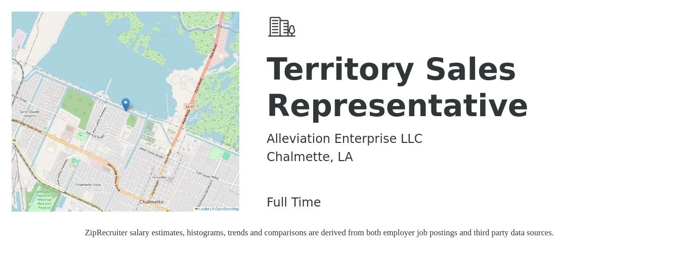 Alleviation Enterprise LLC job posting for a Territory Sales Representative in Chalmette, LA with a salary of $46,200 to $76,700 Yearly with a map of Chalmette location.