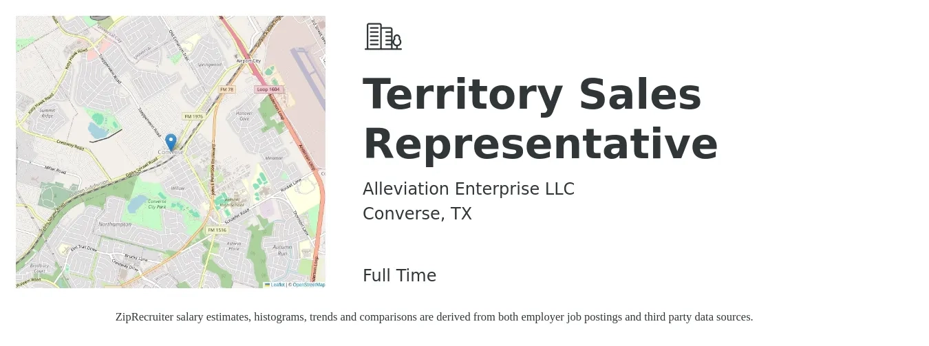 Alleviation Enterprise LLC job posting for a Territory Sales Representative in Converse, TX with a salary of $45,400 to $75,400 Yearly with a map of Converse location.
