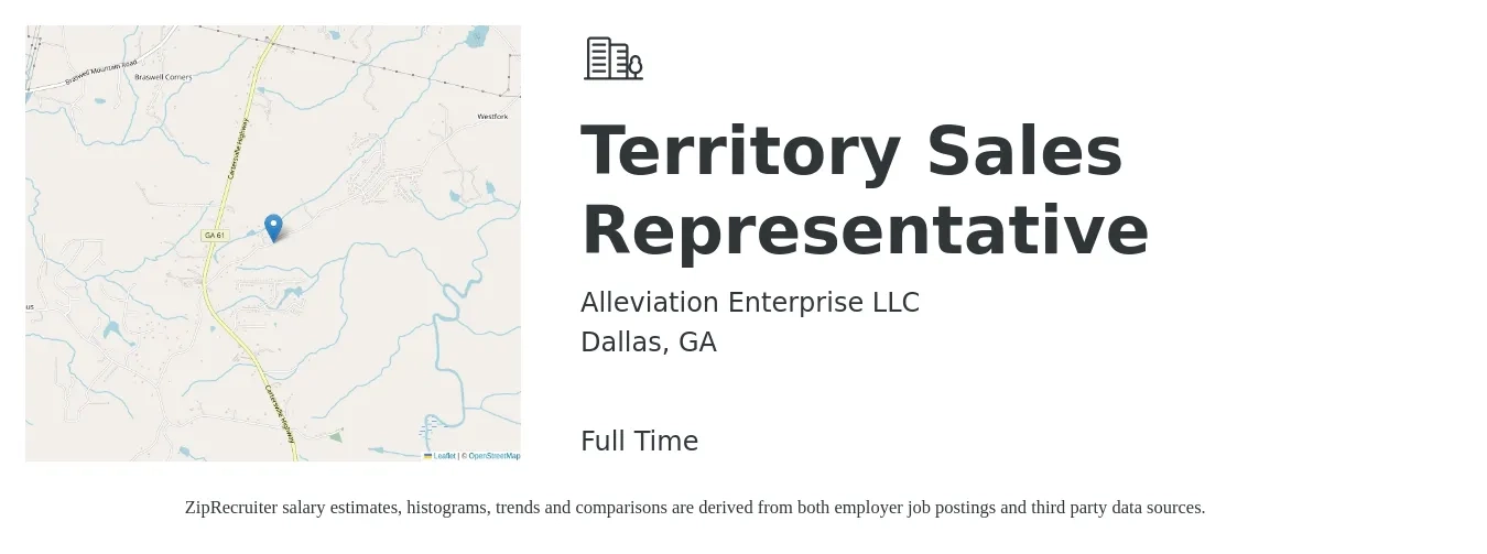 Alleviation Enterprise LLC job posting for a Territory Sales Representative in Dallas, GA with a salary of $45,200 to $75,000 Yearly with a map of Dallas location.