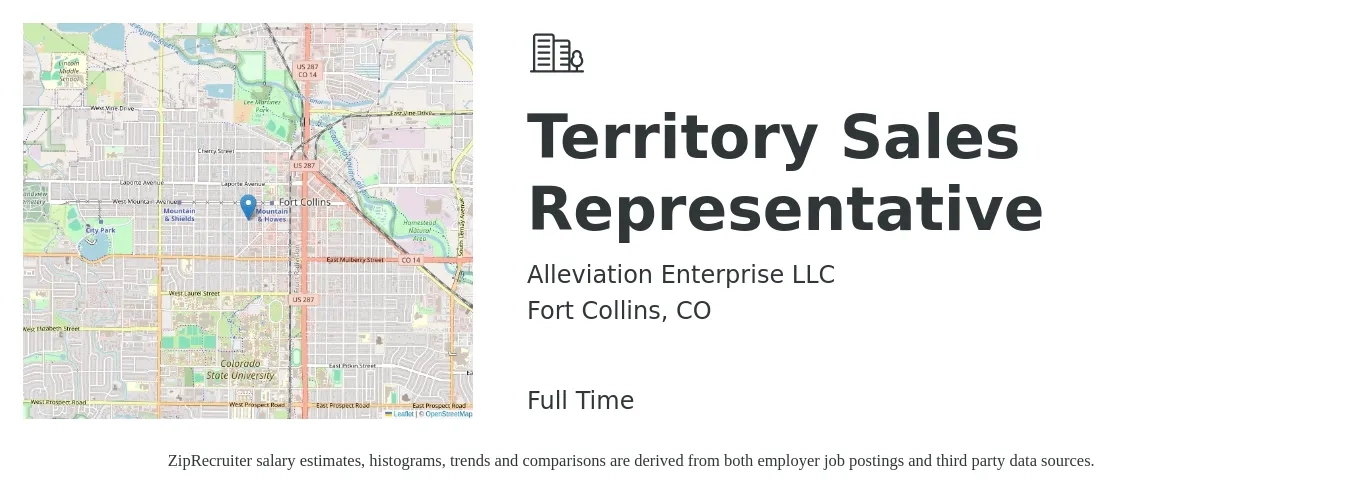 Alleviation Enterprise LLC job posting for a Territory Sales Representative in Fort Collins, CO with a salary of $49,500 to $82,200 Yearly with a map of Fort Collins location.