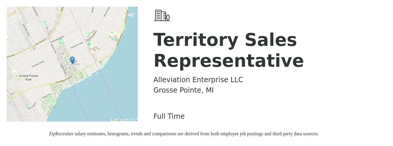 Alleviation Enterprise LLC job posting for a Territory Sales Representative in Grosse Pointe, MI with a salary of $47,100 to $78,200 Yearly with a map of Grosse Pointe location.