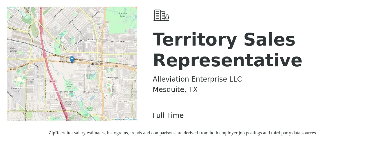 Alleviation Enterprise LLC job posting for a Territory Sales Representative in Mesquite, TX with a salary of $45,400 to $75,400 Yearly with a map of Mesquite location.
