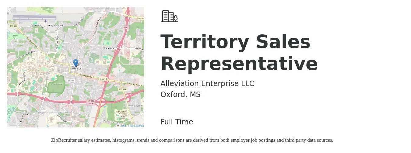 Alleviation Enterprise LLC job posting for a Territory Sales Representative in Oxford, MS with a salary of $47,100 to $78,100 Yearly with a map of Oxford location.