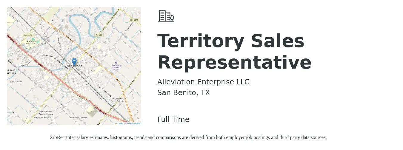 Alleviation Enterprise LLC job posting for a Territory Sales Representative in San Benito, TX with a salary of $31,600 to $52,500 Yearly with a map of San Benito location.
