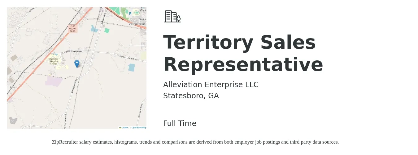 Alleviation Enterprise LLC job posting for a Territory Sales Representative in Statesboro, GA with a salary of $40,900 to $67,900 Yearly with a map of Statesboro location.
