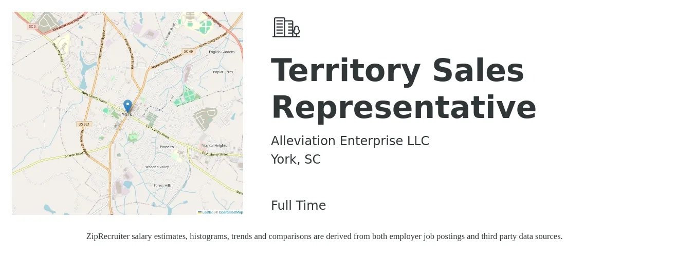 Alleviation Enterprise LLC job posting for a Territory Sales Representative in York, SC with a salary of $46,400 to $77,000 Yearly with a map of York location.