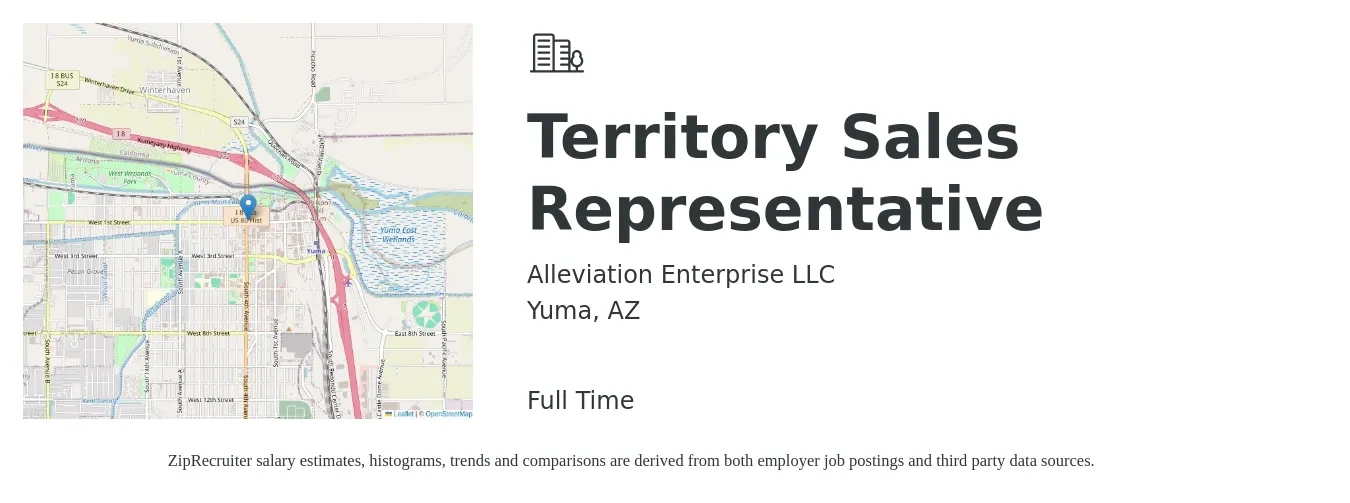 Alleviation Enterprise LLC job posting for a Territory Sales Representative in Yuma, AZ with a salary of $49,500 to $82,100 Yearly with a map of Yuma location.