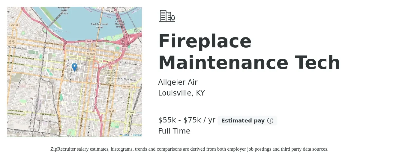 Allgeier Air job posting for a Fireplace Maintenance Tech in Louisville, KY with a salary of $55,000 to $75,000 Yearly with a map of Louisville location.