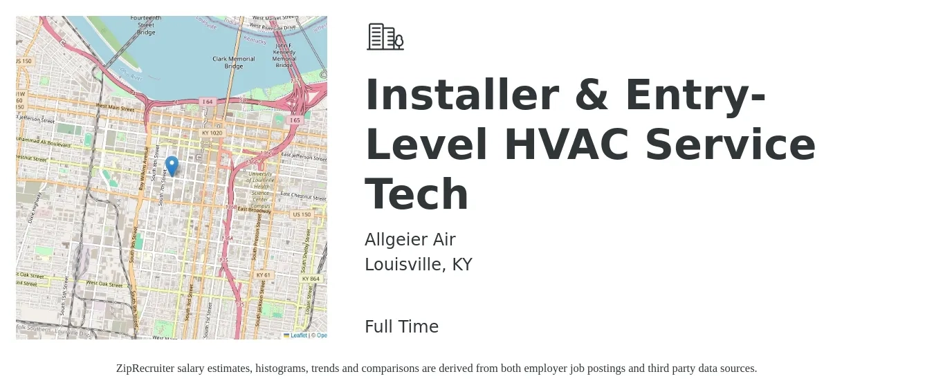 Allgeier Air job posting for a Installer & Entry-Level HVAC Service Tech in Louisville, KY with a salary of $20 to $30 Hourly with a map of Louisville location.