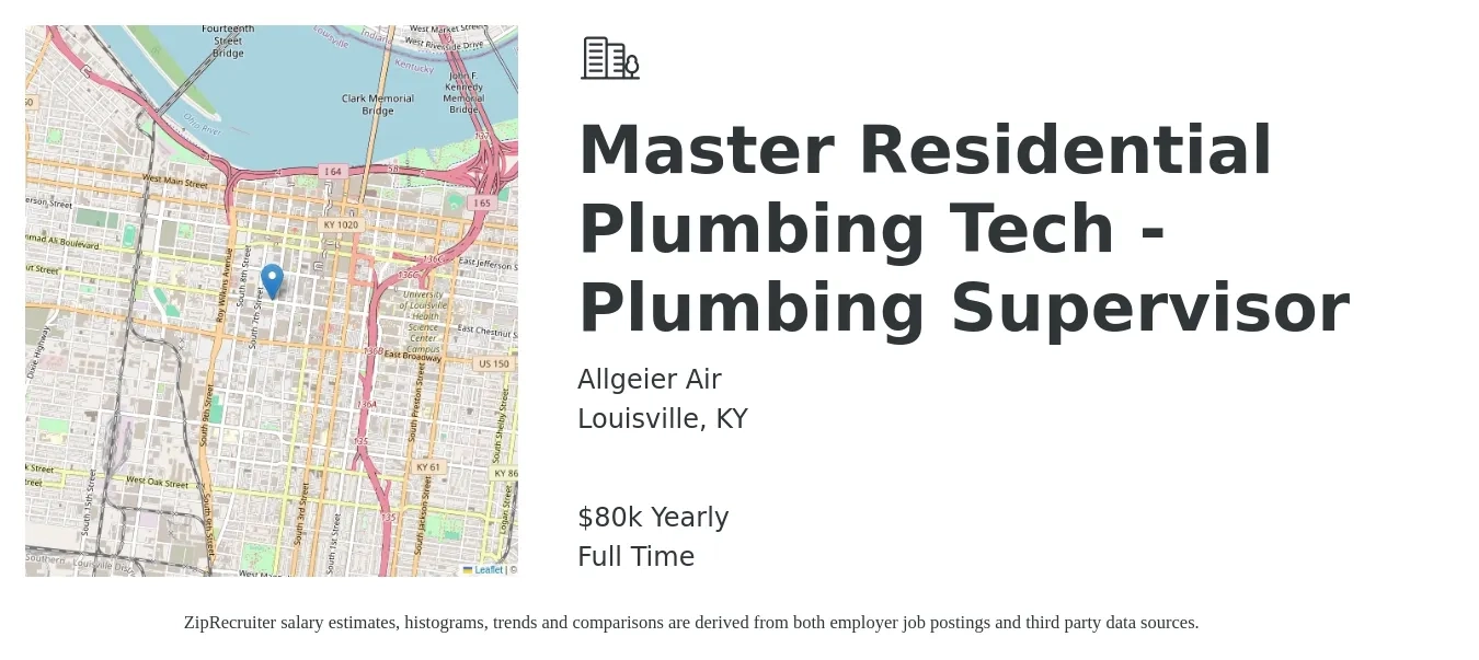 Allgeier Air job posting for a Master Residential Plumbing Tech - Plumbing Supervisor in Louisville, KY with a salary of $80,000 Yearly with a map of Louisville location.