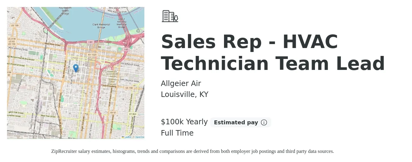 Allgeier Air job posting for a Sales Rep - HVAC Technician Team Lead in Louisville, KY with a salary of $100,000 Yearly with a map of Louisville location.