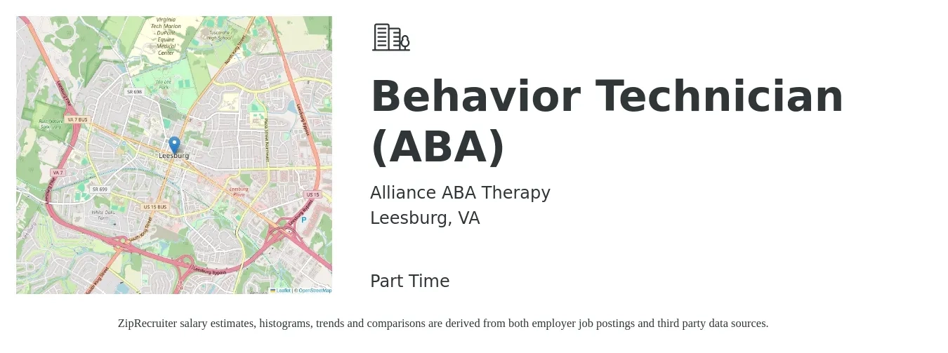 Alliance ABA Therapy job posting for a Behavior Technician (ABA) in Leesburg, VA with a salary of $20 to $23 Hourly with a map of Leesburg location.