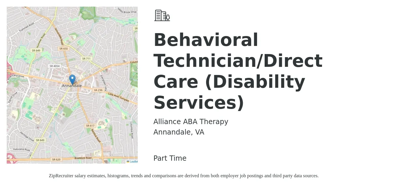 Alliance ABA Therapy job posting for a Behavioral Technician/Direct Care (Disability Services) in Annandale, VA with a salary of $23 Hourly with a map of Annandale location.