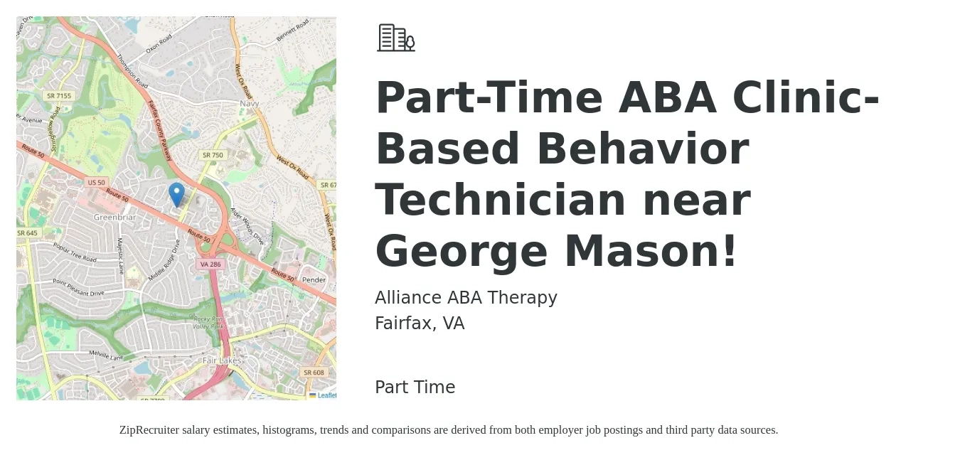 Alliance ABA Therapy job posting for a Part-Time ABA Clinic-Based Behavior Technician near George Mason! in Fairfax, VA with a salary of $24 Hourly with a map of Fairfax location.