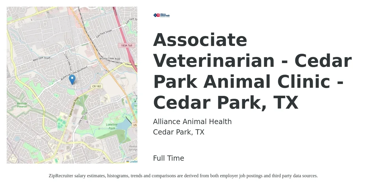 Alliance Animal Health job posting for a Associate Veterinarian - Cedar Park Animal Clinic - Cedar Park, TX in Cedar Park, TX with a salary of $96,400 to $155,600 Yearly with a map of Cedar Park location.