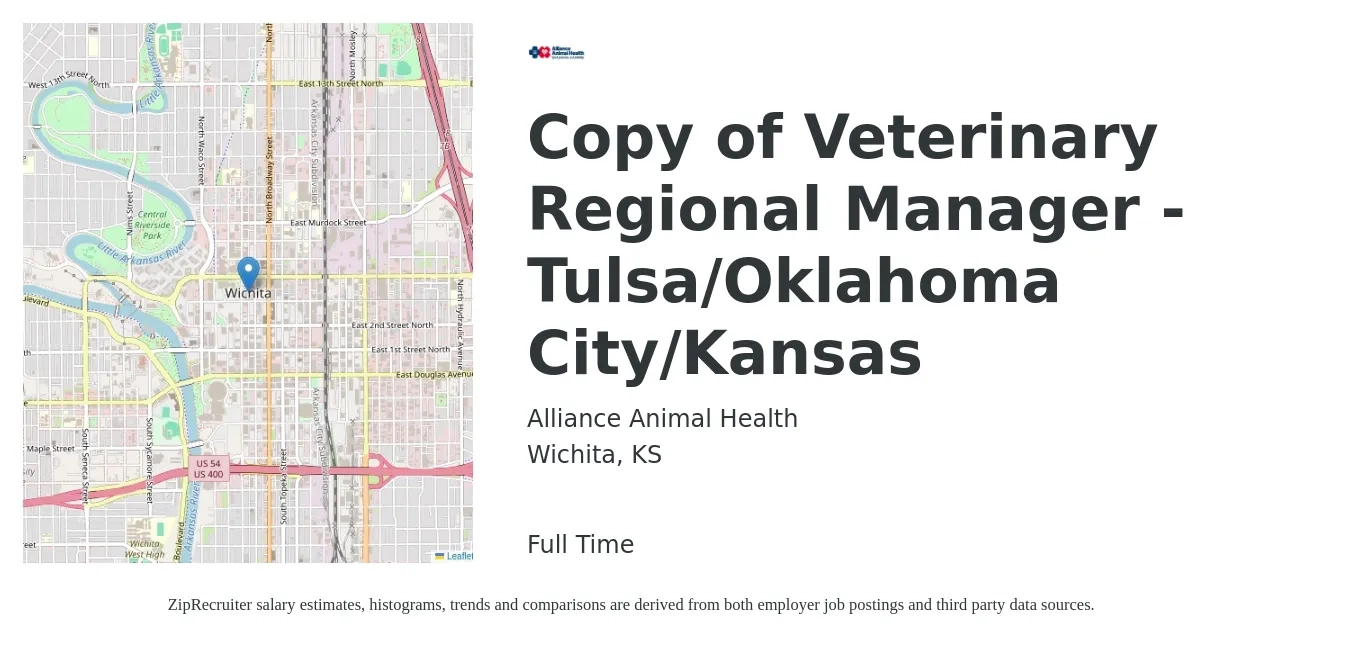Alliance Animal Health job posting for a Copy of Veterinary Regional Manager - Tulsa/Oklahoma City/Kansas in Wichita, KS with a salary of $50,100 to $74,700 Yearly with a map of Wichita location.
