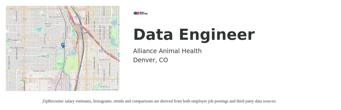 Alliance Animal Health job posting for a Data Engineer in Denver, CO with a salary of $117,900 to $141,500 Yearly with a map of Denver location.