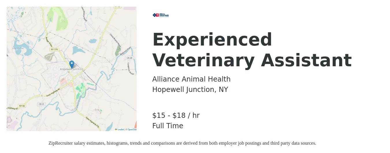 Alliance Animal Health job posting for a Experienced Veterinary Assistant in Hopewell Junction, NY with a salary of $16 to $19 Hourly with a map of Hopewell Junction location.