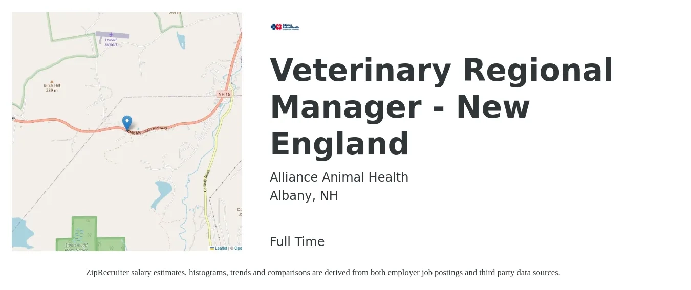 Alliance Animal Health job posting for a Veterinary Regional Manager - New England in Albany, NH with a salary of $54,500 to $81,300 Yearly with a map of Albany location.