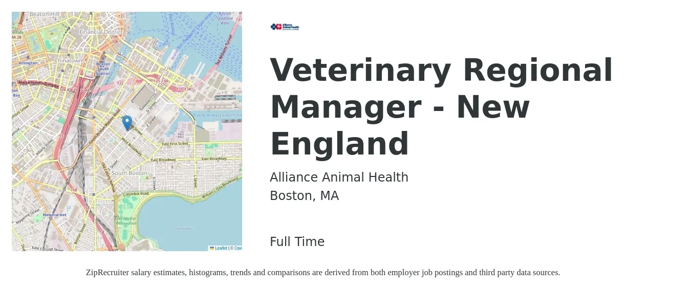 Alliance Animal Health job posting for a Veterinary Regional Manager - New England in Boston, MA with a salary of $60,800 to $90,700 Yearly with a map of Boston location.