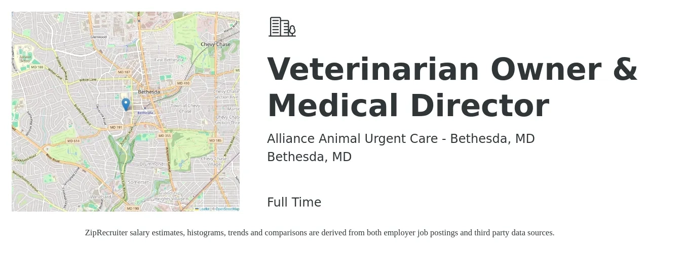 Alliance Animal Urgent Care - Bethesda, MD job posting for a Veterinarian Owner & Medical Director in Bethesda, MD with a salary of $59,900 to $89,400 Yearly with a map of Bethesda location.