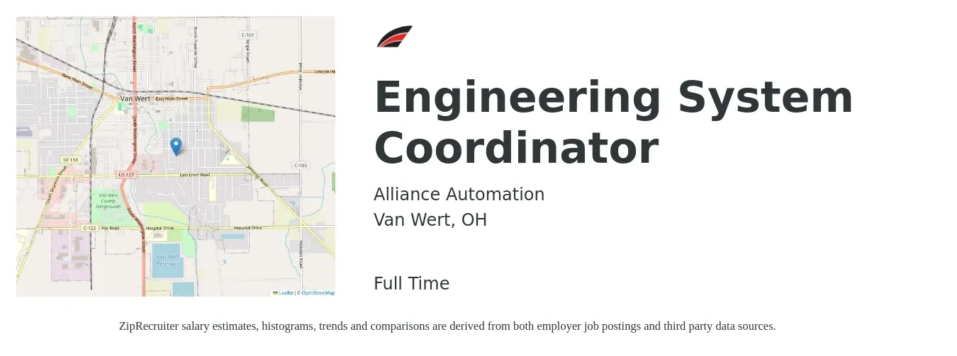 Alliance Automation job posting for a Engineering System Coordinator in Van Wert, OH with a salary of $42,700 to $75,900 Yearly with a map of Van Wert location.