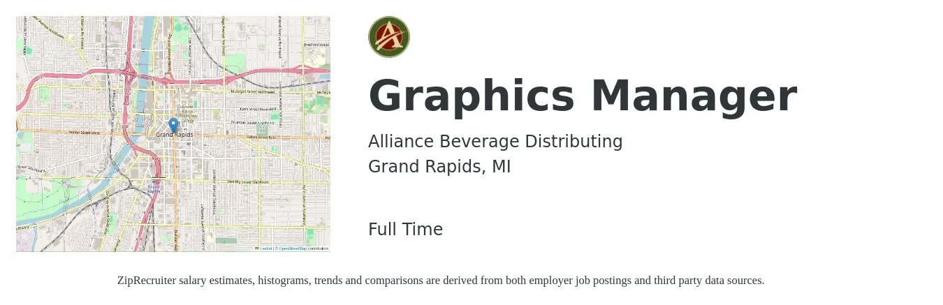 Alliance Beverage Distributing job posting for a Graphics Manager in Grand Rapids, MI with a salary of $20 to $40 Hourly with a map of Grand Rapids location.