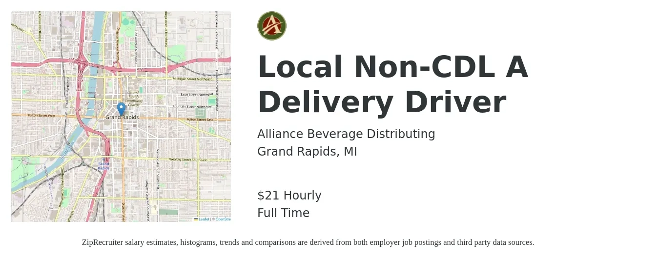 Alliance Beverage Distributing job posting for a Local Non-CDL A Delivery Driver in Grand Rapids, MI with a salary of $23 Hourly with a map of Grand Rapids location.