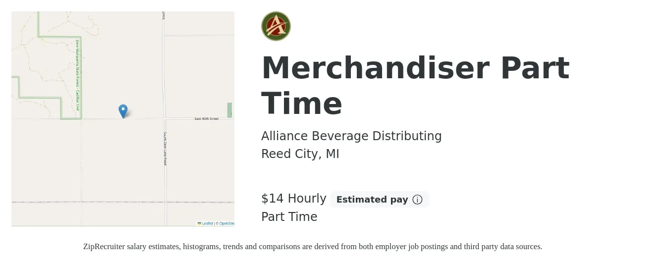 Alliance Beverage Distributing job posting for a Merchandiser Part Time in Reed City, MI with a salary of $15 Hourly with a map of Reed City location.
