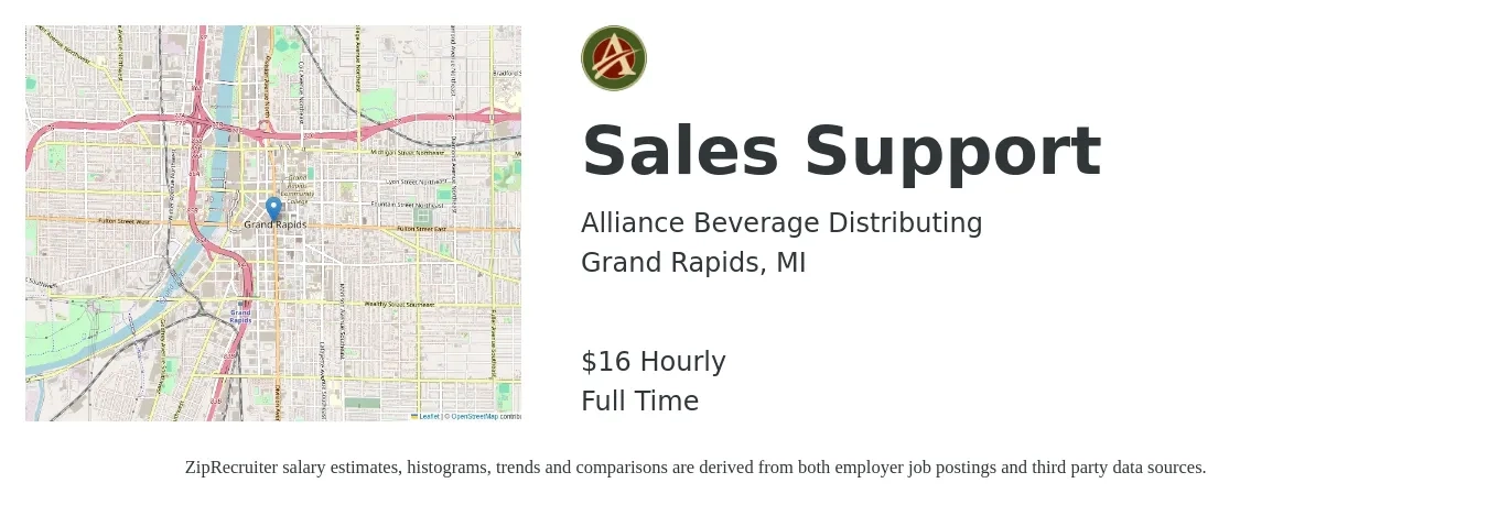 Alliance Beverage Distributing job posting for a Sales Support in Grand Rapids, MI with a salary of $17 Hourly with a map of Grand Rapids location.