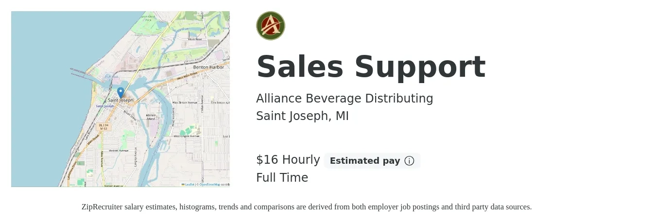 Alliance Beverage Distributing job posting for a Sales Support in Saint Joseph, MI with a salary of $17 Hourly with a map of Saint Joseph location.