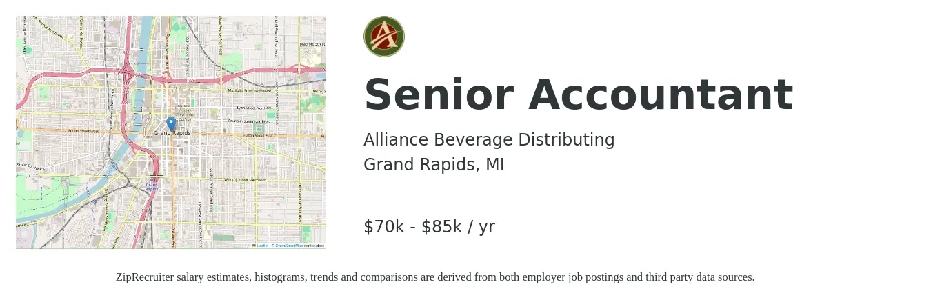 Alliance Beverage Distributing job posting for a Senior Accountant in Grand Rapids, MI with a salary of $70,000 to $85,000 Yearly with a map of Grand Rapids location.