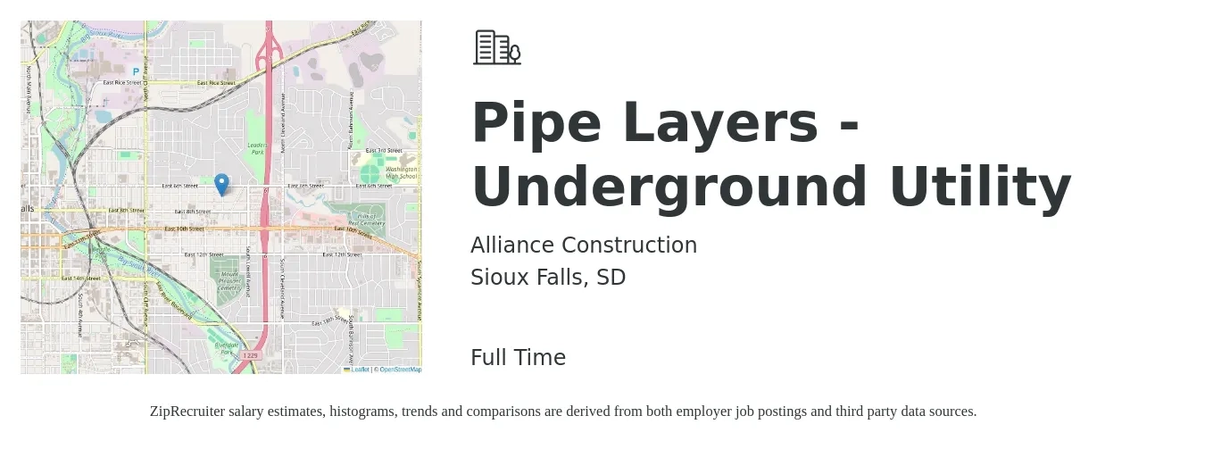 Alliance Construction job posting for a Pipe Layers - Underground Utility in Sioux Falls, SD with a salary of $19 to $25 Hourly with a map of Sioux Falls location.