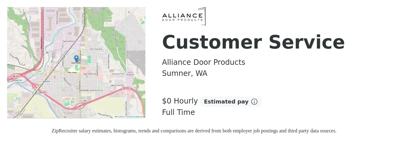 Alliance Door Products job posting for a Customer Service in Sumner, WA with a salary of $17 to $24 Hourly with a map of Sumner location.