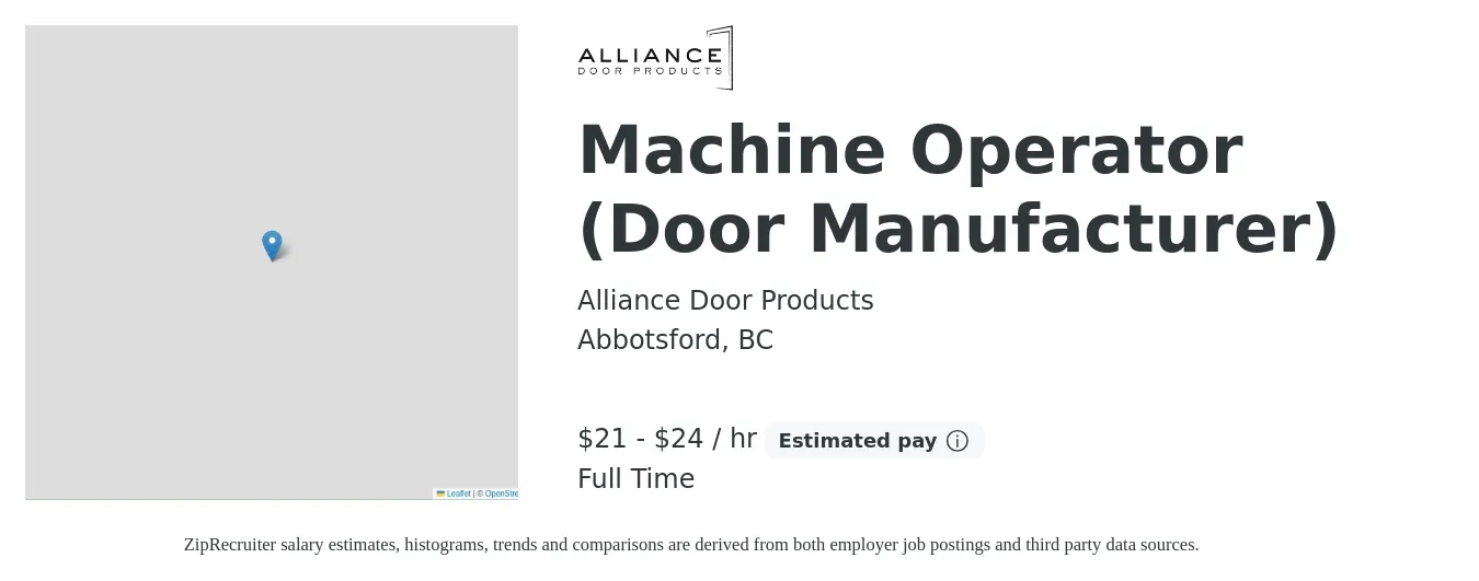 Alliance Door Products job posting for a Machine Operator (Door Manufacturer) in Abbotsford, BC with a salary of $22 to $25 Hourly with a map of Abbotsford location.