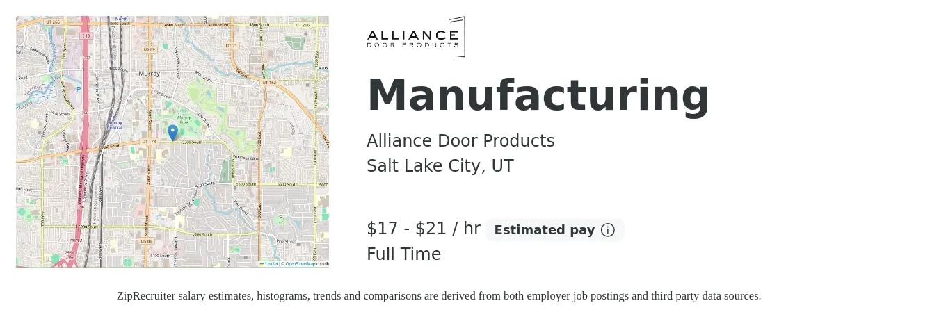 Alliance Door Products job posting for a Manufacturing in Salt Lake City, UT with a salary of $18 to $22 Hourly with a map of Salt Lake City location.