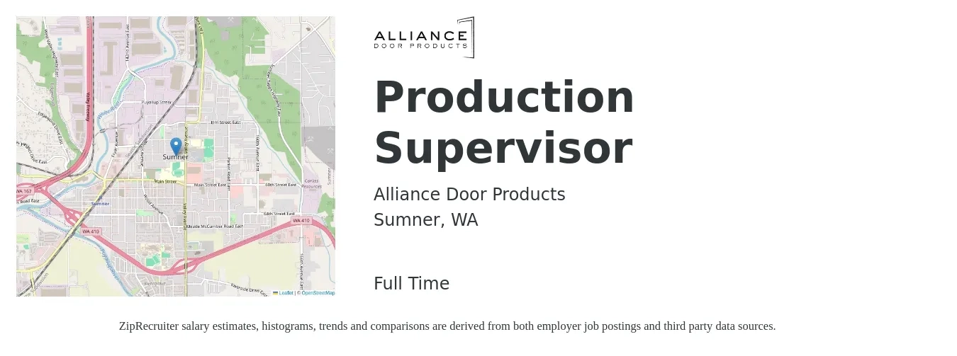 Alliance Door Products job posting for a Production Supervisor in Sumner, WA with a salary of $60,400 to $86,900 Yearly with a map of Sumner location.