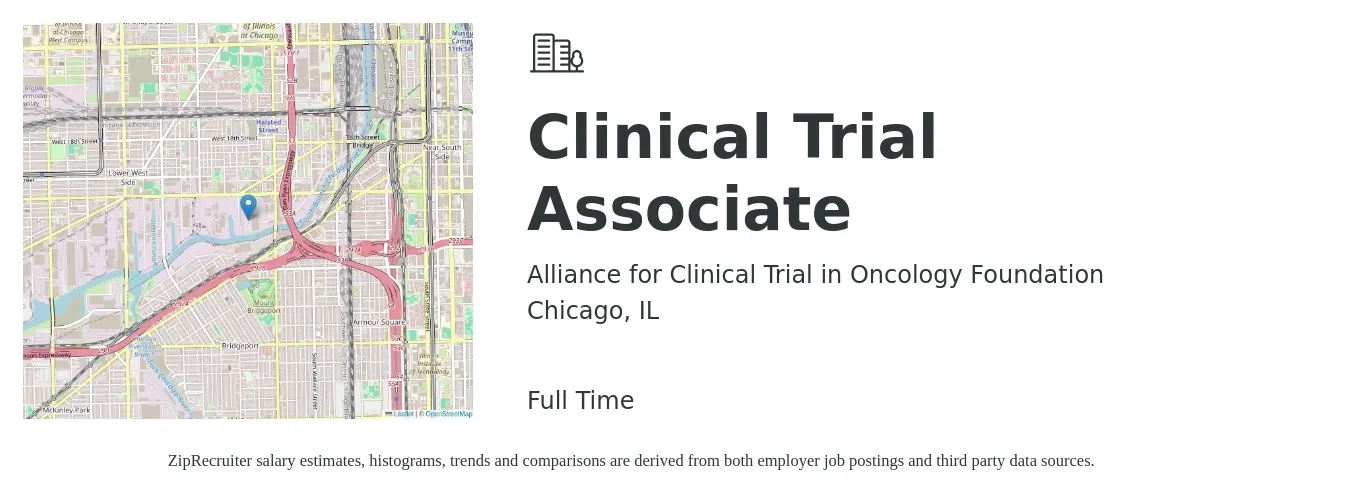 Alliance for Clinical Trial in Oncology Foundation job posting for a Clinical Trial Associate in Chicago, IL with a salary of $34 to $47 Hourly with a map of Chicago location.