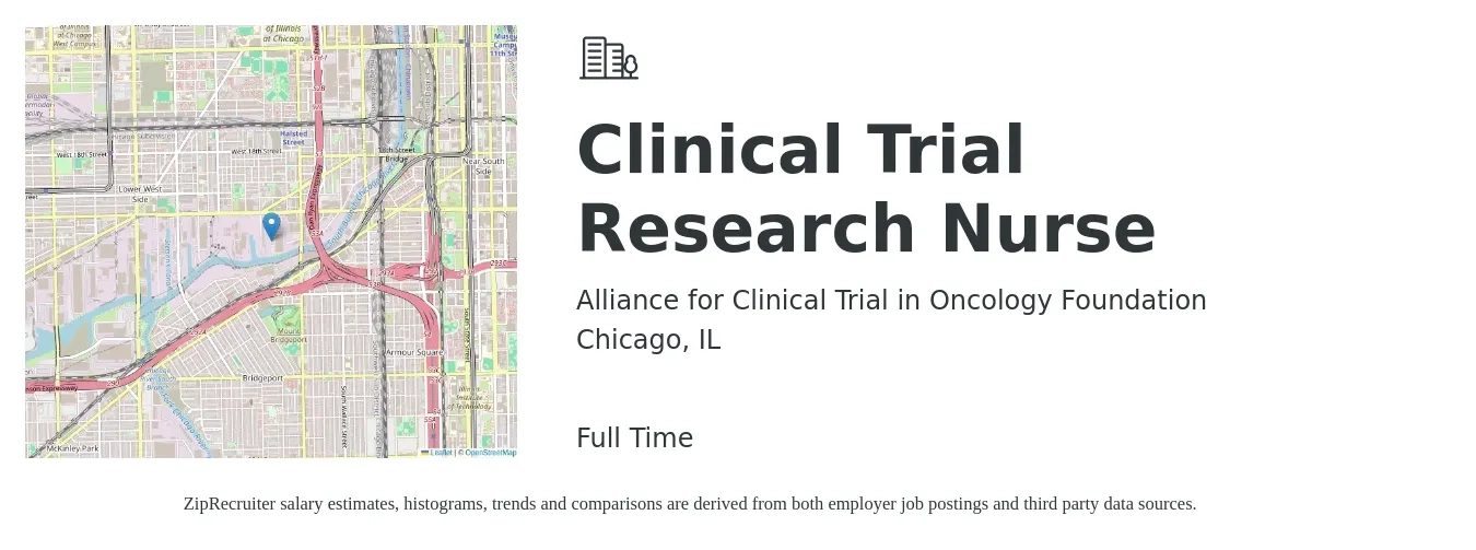 Alliance for Clinical Trial in Oncology Foundation job posting for a Clinical Trial Research Nurse in Chicago, IL with a salary of $39 to $56 Hourly with a map of Chicago location.