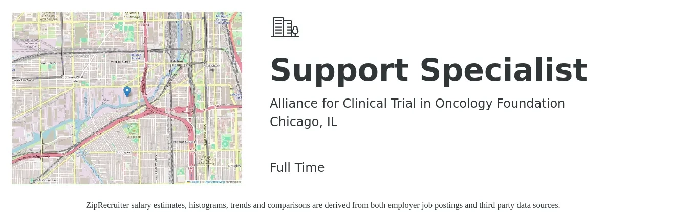 Alliance for Clinical Trial in Oncology Foundation job posting for a Support Specialist in Chicago, IL with a salary of $19 to $30 Hourly with a map of Chicago location.