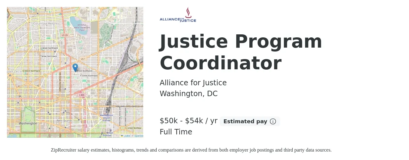 Alliance for Justice job posting for a Justice Program Coordinator in Washington, DC with a salary of $50,000 to $54,999 Yearly with a map of Washington location.