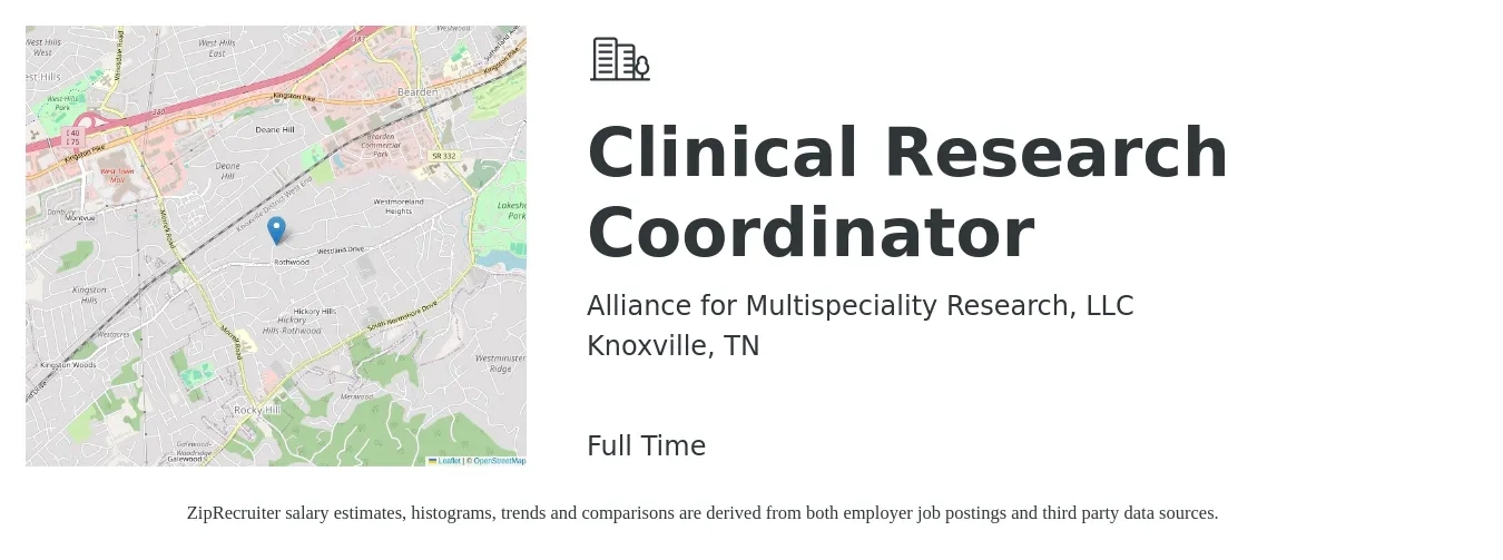 Alliance for Multispeciality Research, LLC job posting for a Clinical Research Coordinator in Knoxville, TN with a salary of $23 to $31 Hourly with a map of Knoxville location.