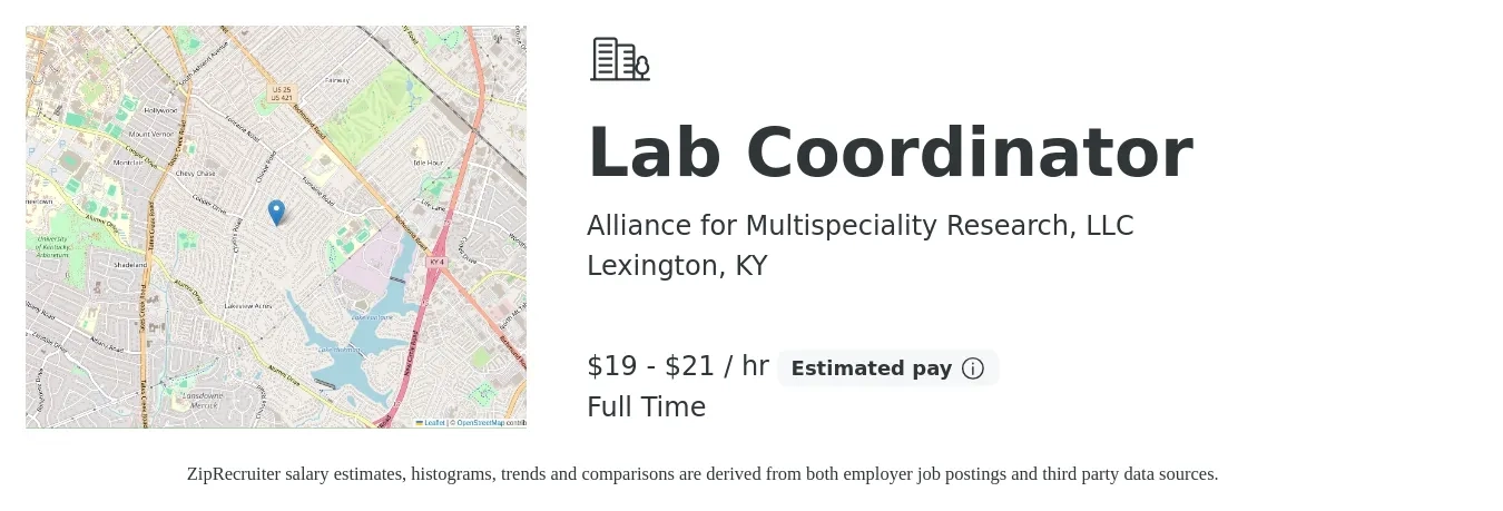 Alliance for Multispeciality Research, LLC job posting for a Lab Coordinator in Lexington, KY with a salary of $20 to $22 Hourly with a map of Lexington location.