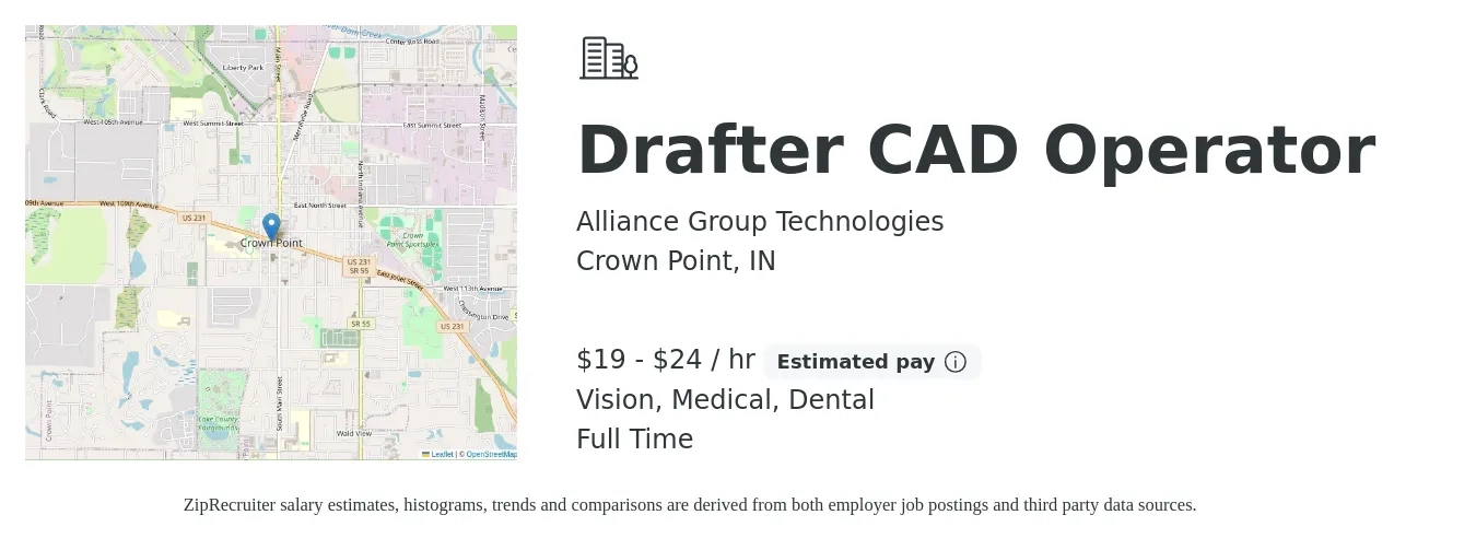 Alliance Group Technologies job posting for a Drafter CAD Operator in Crown Point, IN with a salary of $20 to $25 Hourly and benefits including dental, life_insurance, medical, pto, and vision with a map of Crown Point location.