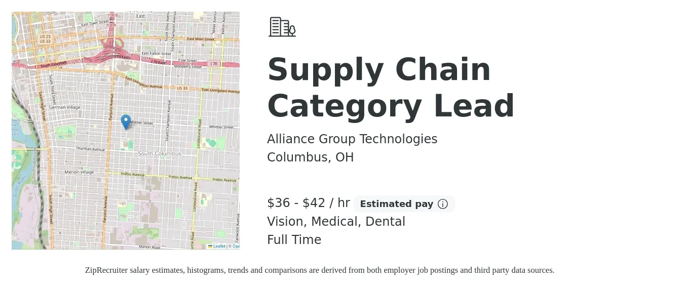 Alliance Group Technologies job posting for a Supply Chain Category Lead in Columbus, OH with a salary of $38 to $44 Hourly and benefits including dental, life_insurance, medical, pto, and vision with a map of Columbus location.