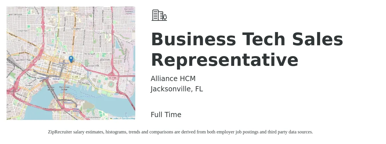 Alliance HCM job posting for a Business Tech Sales Representative in Jacksonville, FL with a salary of $45,000 to $60,700 Yearly with a map of Jacksonville location.