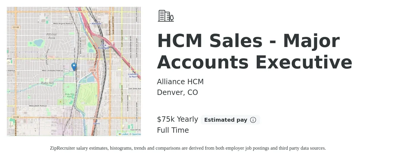 Alliance HCM job posting for a HCM Sales - Major Accounts Executive in Denver, CO with a salary of $75,000 Yearly with a map of Denver location.